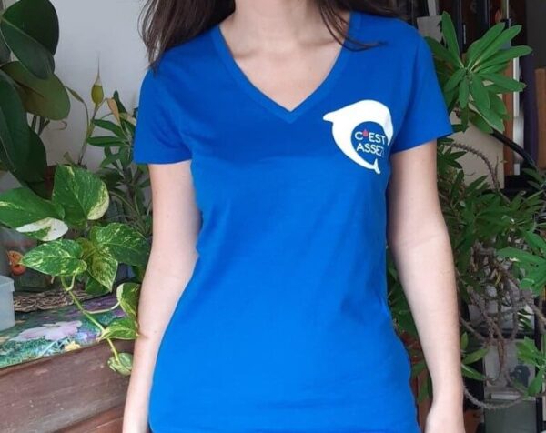 T-shirt femme col v bleu/noir (coton bio)